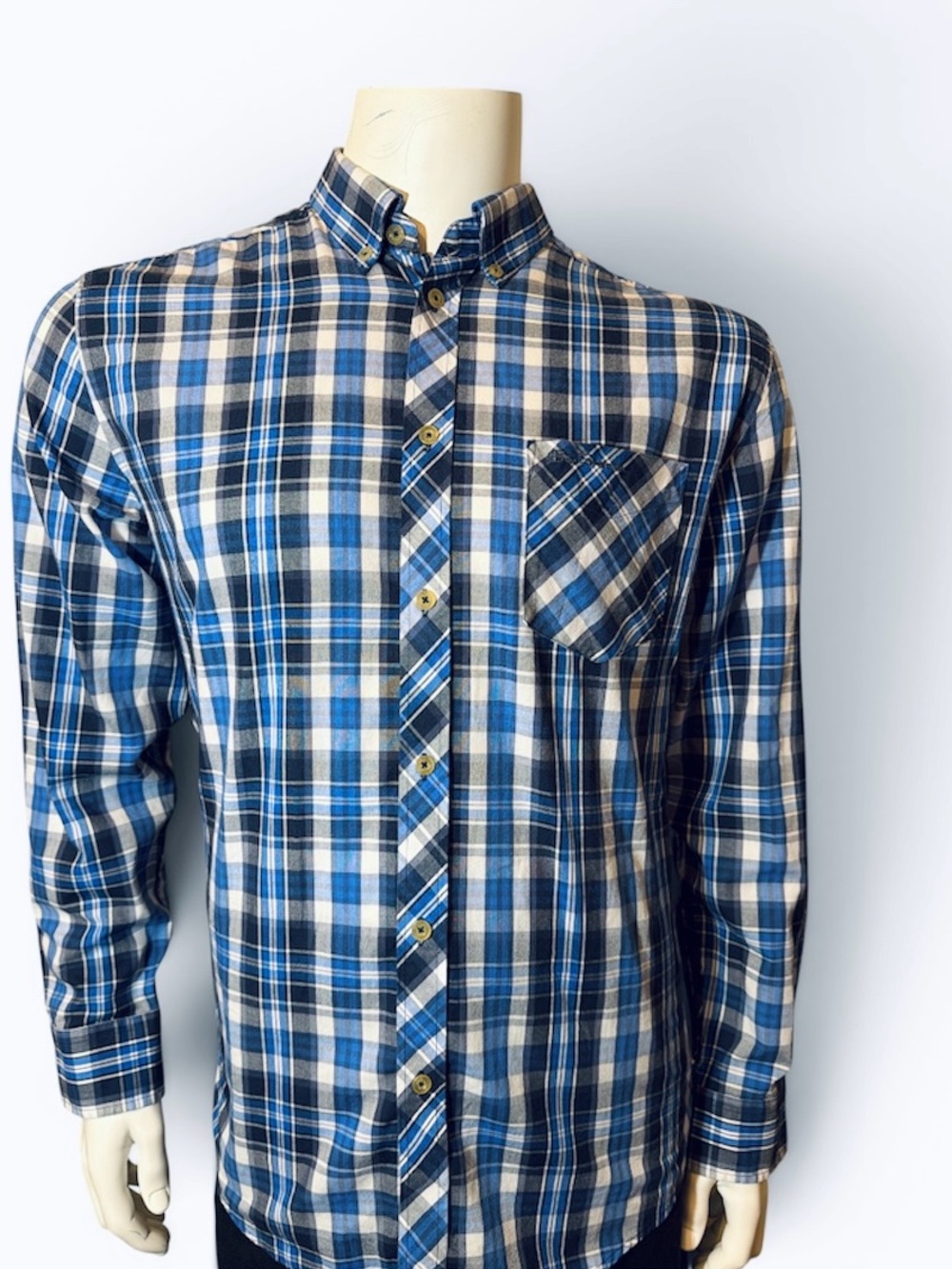 Ben Sherman Blue and White Plaid Button-Down Shirt